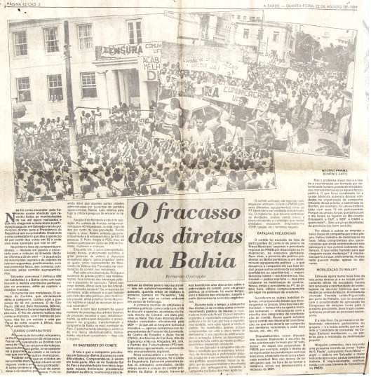 Clique na imagem para ler o artigo, assinado por este escrevinhador, sobre a luta pelo retorno das eleições diretas para a Presidência da República, publicado no jornal A Tarde em