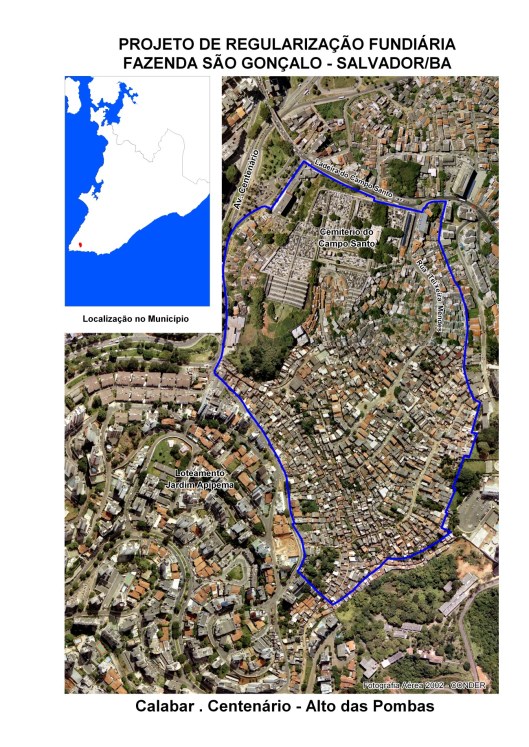 A área demarcada pela linha seria de propriedade da SCMB denominada Fazenda Sâo Gonçalo, dentro dela o cemitério do Campo Santo, o Alto das Pombas, o Calabar, a Av. Centenário...